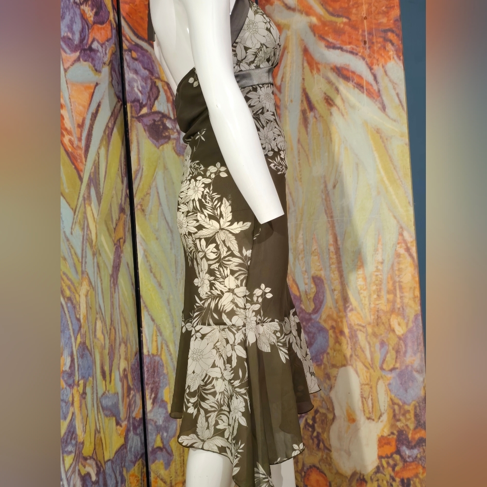 Vintage Charlotte Russe Floral Halter Midi Dress - Olive Green Size Medium - Picture 3 of 6